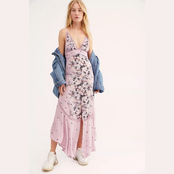 INTIMATELY FREE PEOPLE Purple Floral Maxi Slip Sundress with Plunge Neckline - Picture 1 of 16